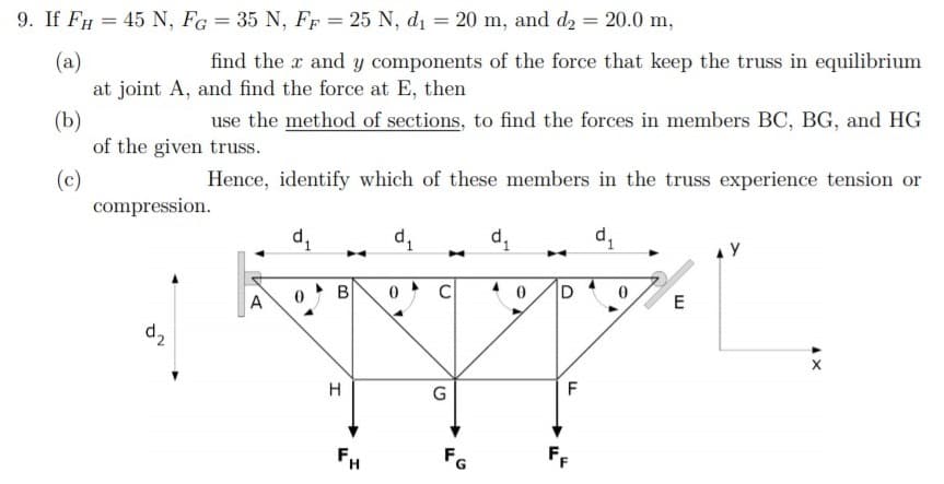 9. If FH = 45 N, FG = 35 N, FF = 25 N, d1 = 20 m, and d2 = 20.0 m,
%3D
(a)
at joint A, and find the force at E, then
find the x and y components of the force that keep the truss in equilibrium
use the method of sections, to find the forces in members BC, BG, and HG
(b)
of the given truss.
(c)
compression.
Hence, identify which of these members in the truss experience tension or
B
D
E
H
F
FH
FG
FF
