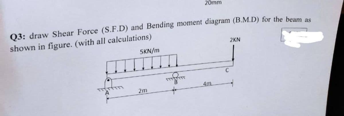 20mm
Q3: draw Shear Force (S.F.D) and Bending moment diagram (B.M.D) for the beam on
shown in figure. (with all calculations)
2KN
5KN/m
C
4m
2m
