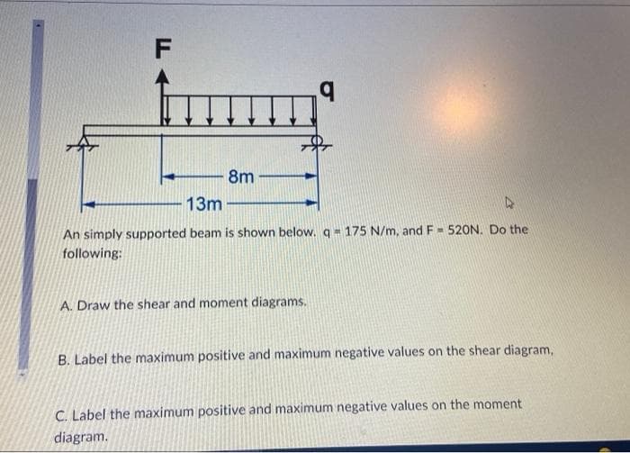 F
8m
q
13m
M
An simply supported beam is shown below. q = 175 N/m, and F 520N. Do the
following:
A. Draw the shear and moment diagrams.
B. Label the maximum positive and maximum negative values on the shear diagram,
C. Label the maximum positive and maximum negative values on the moment
diagram.