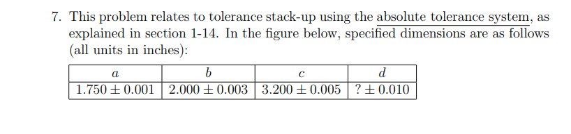 7. This problem relates to tolerance stack-up using the absolute tolerance system, as
explained in section 1-14. In the figure below, specified dimensions are as follows
(all units in inches):
a
d
1.750 + 0.001 2.000 + 0.003 3.200 + 0.005 ?+0.010
