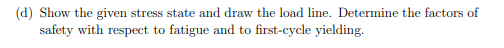 (d) Show the given stress state and draw the load line. Determine the factors of
safety with respect to fatigue and to first-cycle yielding.

