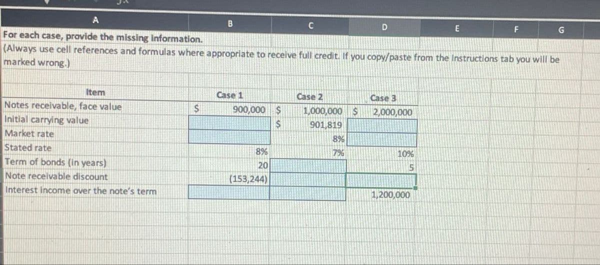 A
B
C
D
E
F
G
For each case, provide the missing information.
(Always use cell references and formulas where appropriate to receive full credit. If you copy/paste from the Instructions tab you will be
marked wrong.)
Item
Case 1
Case 2
Case 3
Notes receivable, face value
$
900,000 $
1,000,000 $
2,000,000
Initial carrying value
$
901,819
Market rate
8%
Stated rate
8%
7%
10%
Term of bonds (in years)
20
5
Note receivable discount
(153,244)
Interest income over the note's term
1,200,000