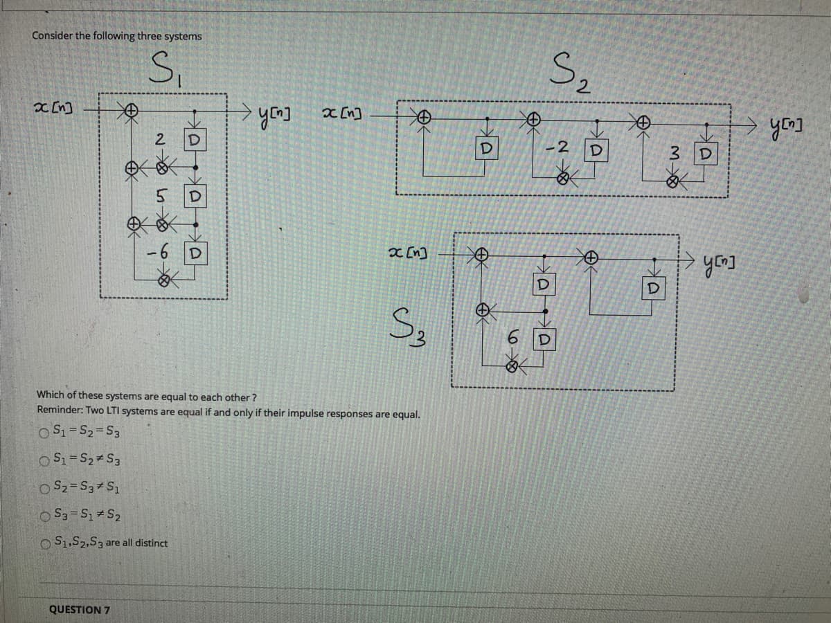 Consider the following three systems
S,
2.
you]
x [n]
you]
2.
-2
D.
3.
-6
x [n]
yon]
D
Which of these systems are equal to each other ?
Reminder: Two LTI systems are equal if and only if their impulse responses are equal.
O S1= S2=S3
O S1=S2 S3
O S2= S3 S1
O S1,S2,S3 are all distinct
QUESTION 7
