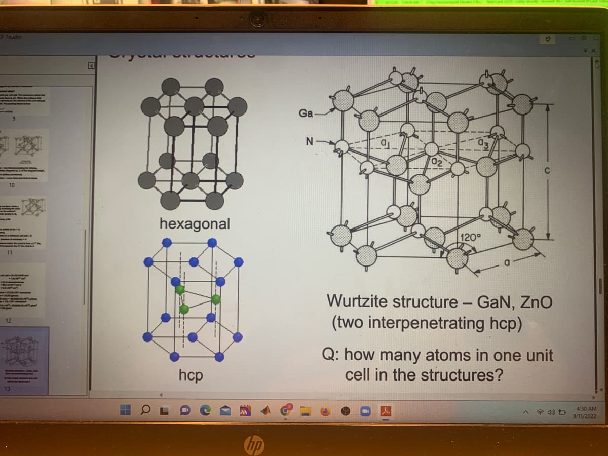 OF Reader
11
12
13
hexagonal
hcp
C
hp
Ga
N
5
02
120°
Wurtzite structure - GaN, ZnO
(two interpenetrating hcp)
Q: how many atoms in one unit
cell in the structures?
D
4:30 AM
9/11/2022