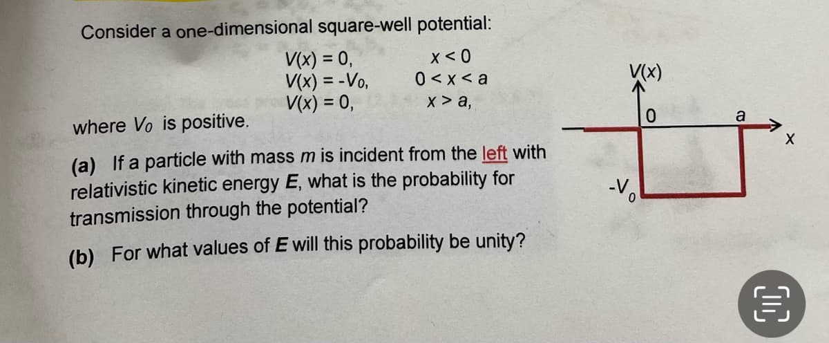 Consider a one-dimensional square-well potential:
x < 0
0<x<a
x > a,
V(x) = 0,
V(x) = -Vo,
V(x) = 0,
where Vo is positive.
(a) If a particle with mass m is incident from the left with
relativistic kinetic energy E, what is the probability for
transmission through the potential?
(b) For what values of E will this probability be unity?
V(x)
0
-Vo
a
X
O