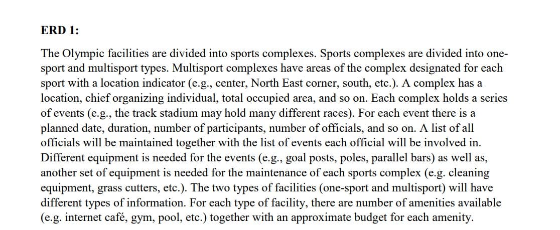 ERD 1:
The Olympic facilities are divided into sports complexes. Sports complexes are divided into one-
sport and multisport types. Multisport complexes have areas of the complex designated for each
sport with a location indicator (e.g., center, North East corner, south, etc.). A complex has a
location, chief organizing individual, total occupied area, and so on. Each complex holds a series
of events (e.g., the track stadium may hold many different races). For each event there is a
planned date, duration, number of participants, number of officials, and so on. A list of all
officials will be maintained together with the list of events each official will be involved in.
Different equipment is needed for the events (e.g., goal posts, poles, parallel bars) as well as,
another set of equipment is needed for the maintenance of each sports complex (e.g. cleaning
equipment, grass cutters, etc.). The two types of facilities (one-sport and multisport) will have
different types of information. For each type of facility, there are number of amenities available
(e.g. internet café, gym, pool, etc.) together with an approximate budget for each amenity.
