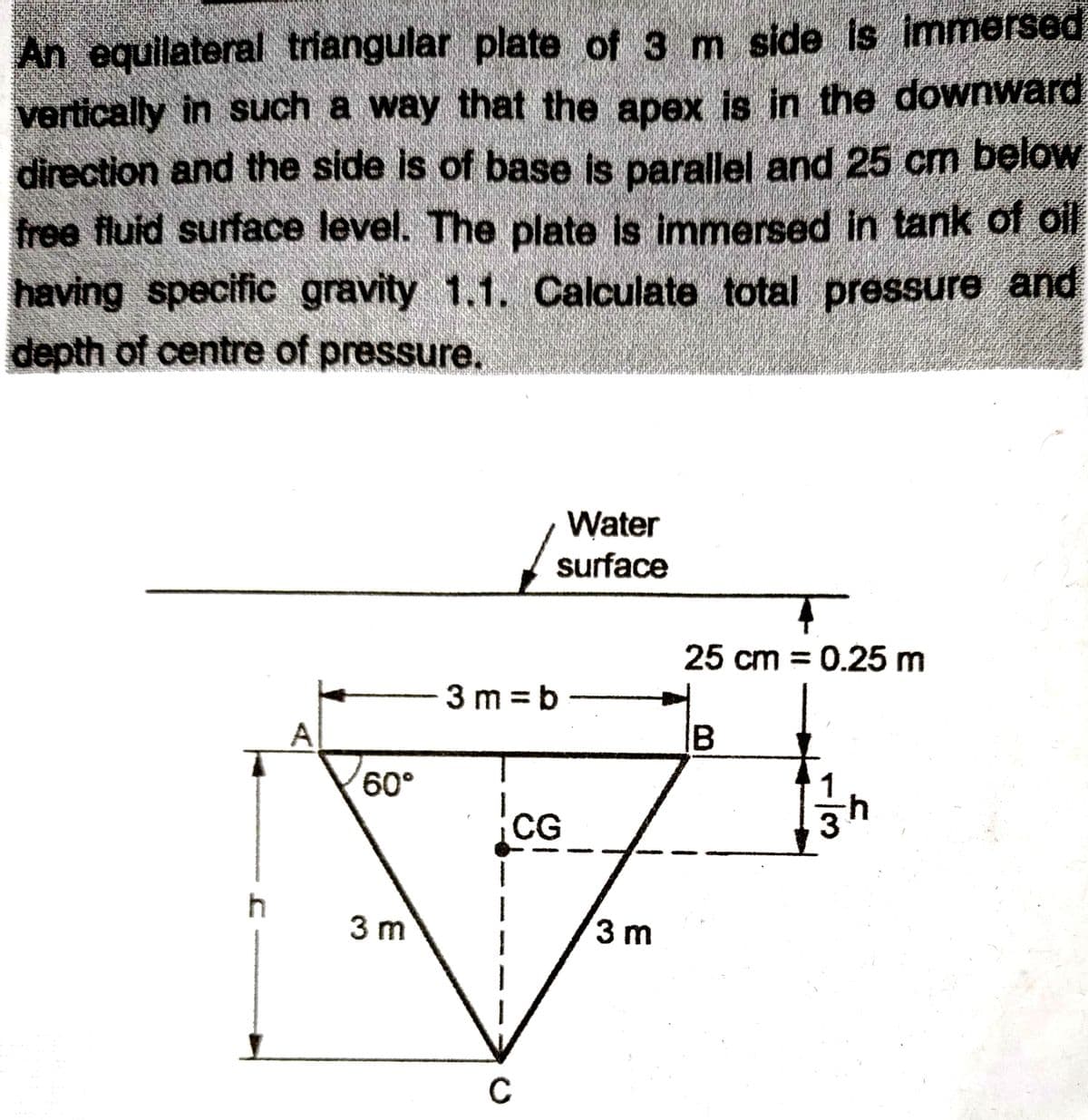 An equilateral triangular plate of 3 m side is immersed
vertically in such a way that the apex is in the downward
direction and the side is of base is parallel and 25 cm below
free fluid surface level. The plate is immersed in tank of oil
having specific gravity 1.1. Calculate total pressure and
culate total
depth of centre of pressure.
Water
surface
25 cm = 0.25 m
A
B
h
60°
3 m
3m=b
T
CG
I
C
3 m
3
