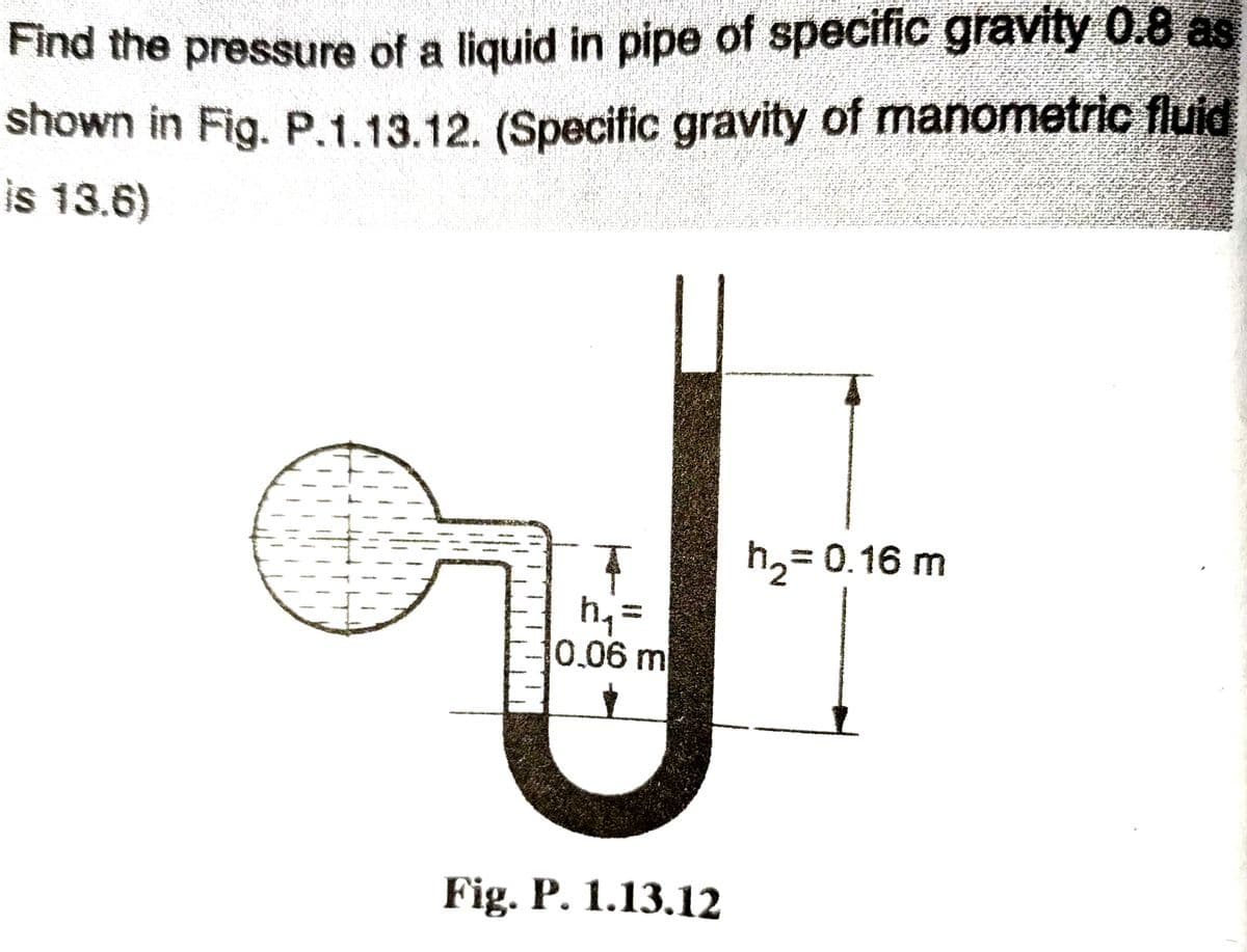 Find the pressure of a liquid in pipe of specific gravity 0.8 as
shown in Fig. P.1.13.12. (Specific gravity of manometric fluid
is 13.6)
h₂ = 0.16 m
T
h₁ =
0.06 m
Fig. P. 1.13.12