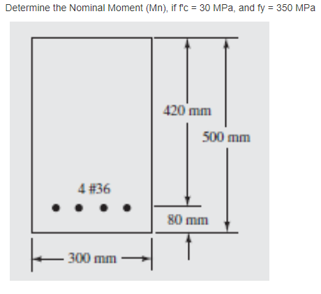 Determine the Nominal Moment (Mn), if f'c = 30 MPa, and fy = 350 MPa
420 mm
500 mm
4 #36
80 mm
300 mm
