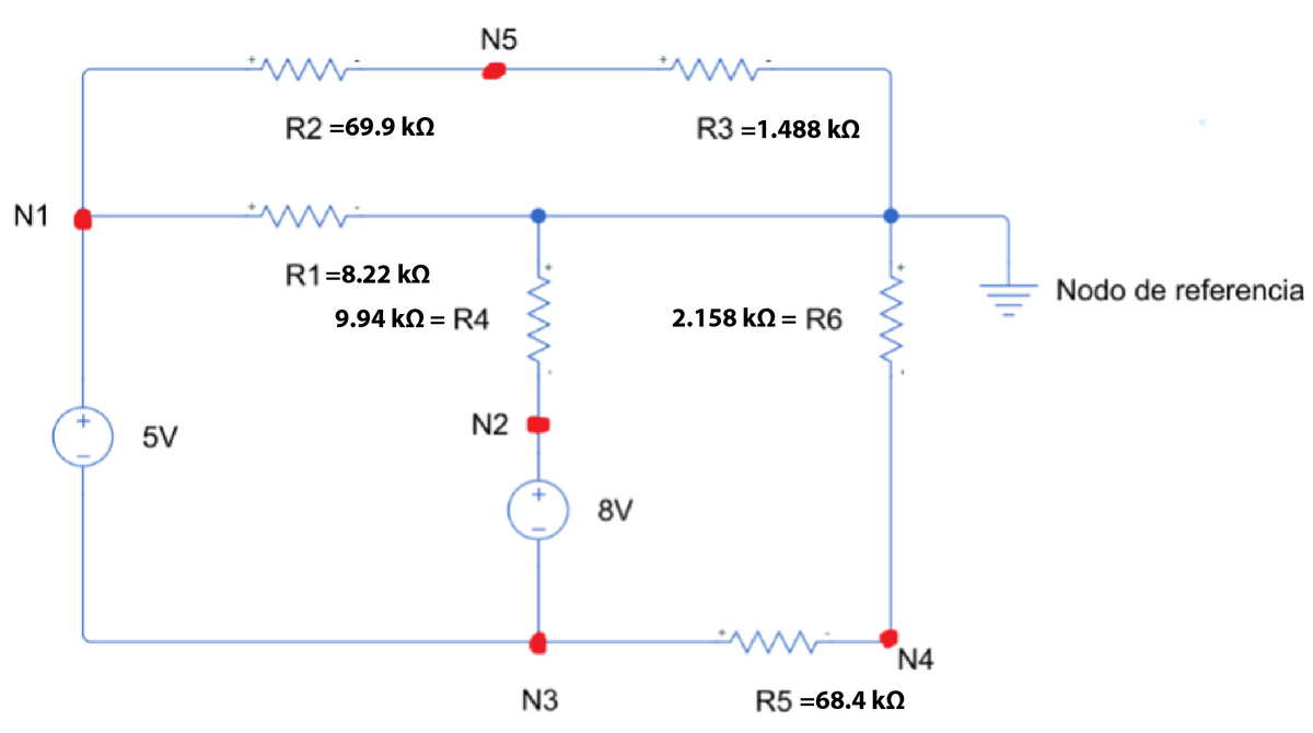 N1
+
5V
ww
R2=69.9 kQ
R1-8.22 kQ
N5
9.94 ΚΩ = R4
N2
N3
8V
R3=1.488 KQ
2.158 kΩ = R6
N4
R5=68.4kQ
Nodo de referencia