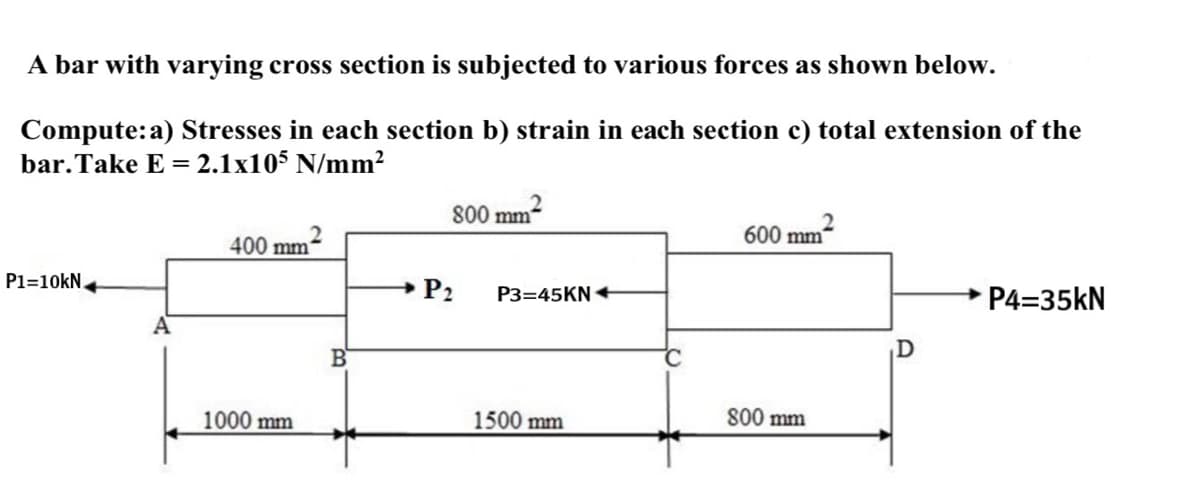 A bar with varying cross section is subjected to various forces as shown below.
Compute: a) Stresses in each section b) strain in each section c) total extension of the
bar. Take E = 2.1x105 N/mm²
400 mm²
P1=10kN
A
1000 mm
B
800 mm
mm²
P₂
P3=45KN+
1500 mm
600 mm²
800 mm
→ P4-35kN