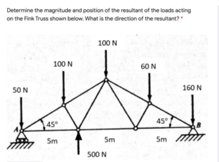 Determine the magnitude and position of the resultant of the loads acting
on the Fink Truss shown below. What is the direction of the resultant?
100 N
100 N
60 N
50 N
160 N
45°
45°
5m
5m
5m
500 N
