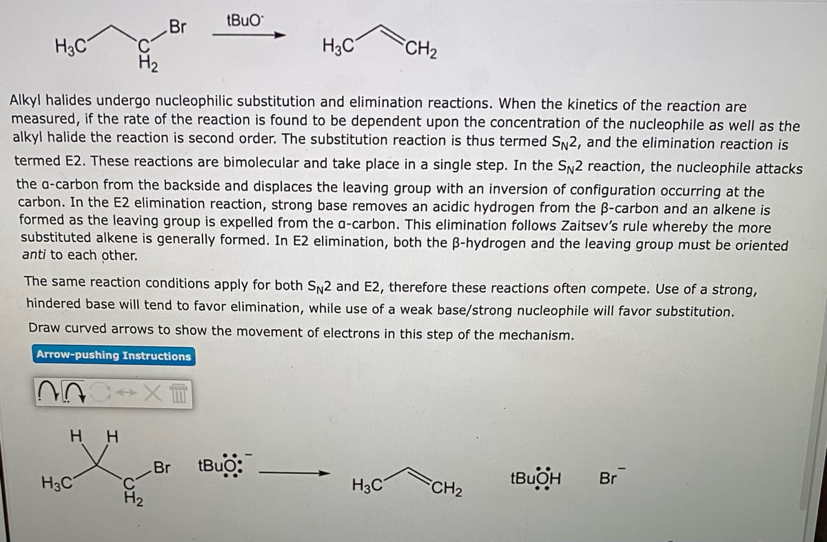 Br
tBuO
H3C
H3C
CH2
H2
Alkyl halides undergo nucleophilic substitution and elimination reactions. When the kinetics of the reaction are
measured, if the rate of the reaction is found
alkyl halide the reaction is second order. The substitution reaction is thus termed SN2, and the elimination reaction is
be dependent upon the concentration of the nucleophile as well as the
termed E2. These reactions are bimolecular and take place in a single step. In the SN2 reaction, the nucleophile attacks
the a-carbon from the backside and displaces the leaving group with an inversion of configuration occurring at the
carbon. In the E2 elimination reaction, strong base removes an acidic hydrogen from the B-carbon and an alkene is
formed as the leaving group is expelled from the a-carbon. This elimination follows Zaitsev's rule whereby the more
substituted alkene is generally formed. In E2 elimination, both the B-hydrogen and the leaving group must be oriented
anti to each other.
The same reaction conditions apply for both SN2 and E2, therefore these reactions often compete. Use of a strong,
hindered base will tend to favor elimination, while use of a weak base/strong nucleophile will favor substitution.
Draw curved arrows to show the movement of electrons in this step of the mechanism.
Arrow-pushing Instructions
H H
tBuo:
Br
Br
H3C
H3C
CH2
