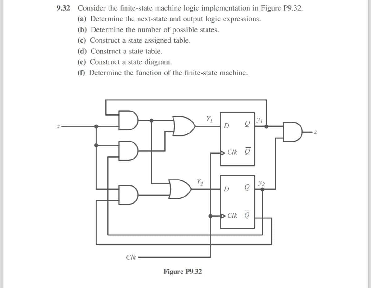 9.32 Consider the finite-state machine logic implementation in Figure P9.32.
(a) Determine the next-state and output logic expressions.
(b) Determine the number of possible states.
(c) Construct a state assigned table.
(d) Construct a state table.
(e) Construct a state diagram.
(f) Determine the function of the finite-state machine.
X
Y2
Clk
Figure P9.32
Y1
D
0
Yı
A
D
Clk
10
Clk Q
Y2