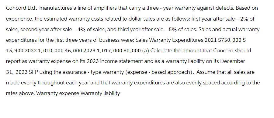 Concord Ltd. manufactures a line of amplifiers that carry a three-year warranty against defects. Based on
experience, the estimated warranty costs related to dollar sales are as follows: first year after sale-2% of
sales; second year after sale-4% of sales; and third year after sale-5% of sales. Sales and actual warranty
expenditures for the first three years of business were: Sales Warranty Expenditures 2021 $750,000 $
15,900 2022 1,010,000 46, 000 2023 1,017, 000 80,000 (a) Calculate the amount that Concord should
report as warranty expense on its 2023 income statement and as a warranty liability on its December
31, 2023 SFP using the assurance - type warranty (expense - based approach). Assume that all sales are
made evenly throughout each year and that warranty expenditures are also evenly spaced according to the
rates above. Warranty expense Warranty liability