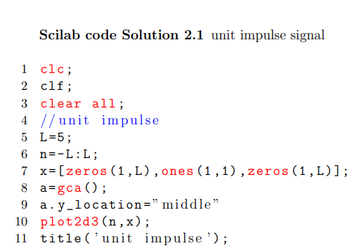 Scilab code Solution 2.1 unit impulse signal
1
clc;
2 clf;
3 clear all;
4 //unit impulse
5 L=5;
6
n= L : L;
7 x= [zeros (1,L), ones (1,1), zeros (1,L)];
8 a=gca ();
a. y_location="middle"
9
10 plot2d3 (n,x);
11 title('unit impulse ');
