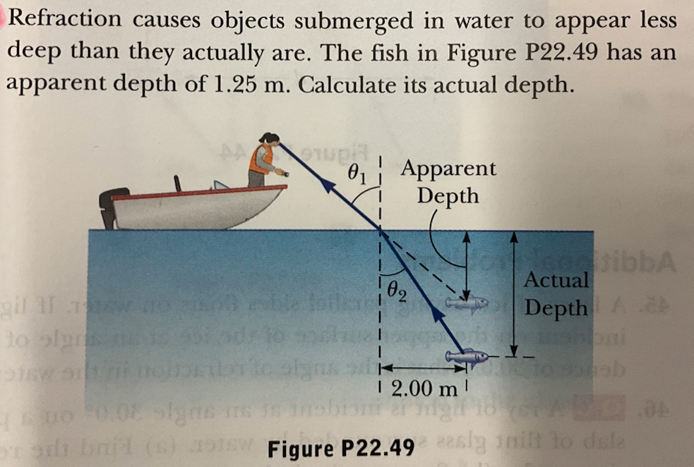 Refraction causes objects submerged in water to appear less
deep than they actually are. The fish in Figure P22.49 has an
apparent depth of 1.25 m. Calculate its actual depth.
gif 11 Tw
to plyn
PACTOTUOR I
0₁ Apparent
Depth
signs
I
02
12.00 m
engtibbA
Actual
Depth A
0.08 signs S IS
50.00
di bail (s) otw Figure P22.49 lg nilt to dale