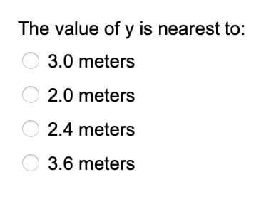 The value of y is nearest to:
3.0 meters
○ 2.0 meters
○ 2.4 meters
3.6 meters