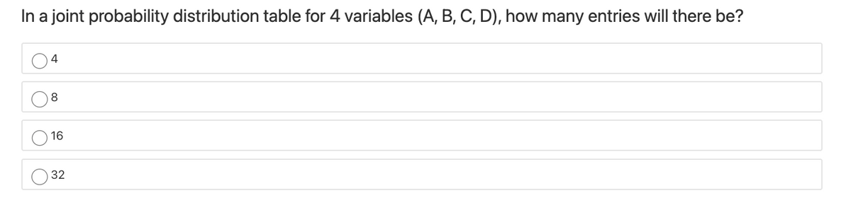 In a joint probability distribution table for 4 variables (A, B, C, D), how many entries will there be?
4
8
16
32
