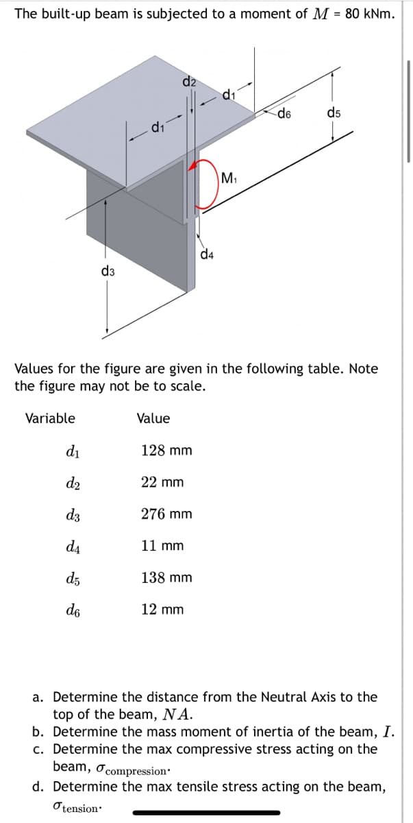 The built-up beam is subjected to a moment of M = 80 kNm.
d₁
d₂
d3
d₁
d5
d3
do
d₁
d₂
Values for the figure are given in the following table. Note
the figure may not be to scale.
Variable
Value
128 mm
22 mm
276 mm
11 mm
d4
138 mm
12 mm
M₁
de
d5
a. Determine the distance from the Neutral Axis to the
top of the beam, NA.
b. Determine the mass moment of inertia of the beam, I.
c. Determine the max compressive stress acting on the
beam, compression.
d. Determine the max tensile stress acting on the beam,
tension.