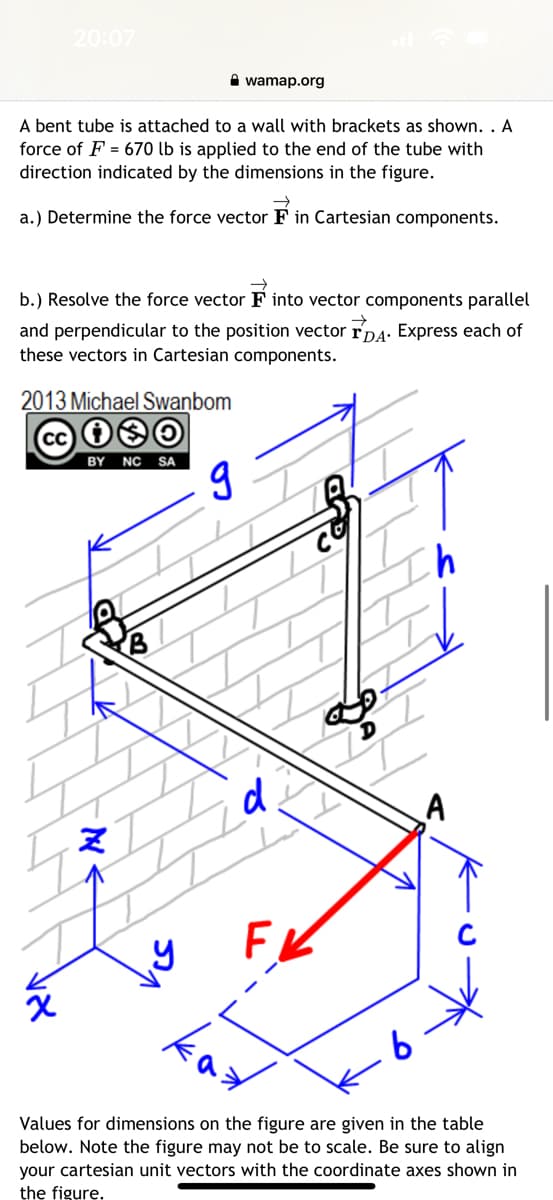 20:07
A bent tube is attached to a wall with brackets as shown. . A
force of F = 670 lb is applied to the end of the tube with
direction indicated by the dimensions in the figure.
a.) Determine the force vector F in Cartesian components.
b.) Resolve the force vector Finto vector components parallel
and perpendicular to the position vector DA. Express each of
these vectors in Cartesian components.
2013 Michael Swanbom
cc) +
X₁
BY NC SA
M.
wamap.org
Z
g
d
FK
kad
h
A
Values for dimensions on the figure are given in the table
below. Note the figure may not be to scale. Be sure to align
your cartesian unit vectors with the coordinate axes shown in
the figure.