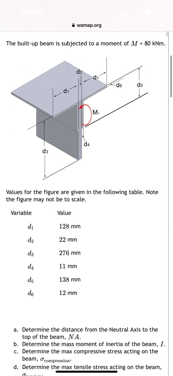 The built-up beam is subjected to a moment of M = 80 kNm.
d₁
d₂
d3
d₁
d5
d3
do
wamap.org
Value
d₂
Values for the figure are given in the following table. Note
the figure may not be to scale.
Variable
128 mm
22 mm
276 mm
11 mm
138 mm
d4
12 mm
M₁
de
d5
a. Determine the distance from the Neutral Axis to the
top of the beam, NA.
b. Determine the mass moment of inertia of the beam, I.
Determine the max compressive stress acting on the
c.
beam, compression.
d. Determine the max tensile stress acting on the beam,
Tin