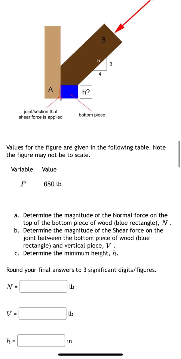 N =
V =
A
joint/section that
shear force is applied
h =
F
Values for the figure are given in the following table. Note
the figure may not be to scale.
Variable Value
680 lb
lb
h?
a. Determine the magnitude of the Normal force on the
top of the bottom piece of wood (blue rectangle), N.
b. Determine the magnitude of the Shear force on the
joint between the bottom piece of wood (blue
rectangle) and vertical piece, V.
c. Determine the minimum height, h.
Round your final answers to 3 significant digits/figures.
lb
5
in
4
bottom piece
3