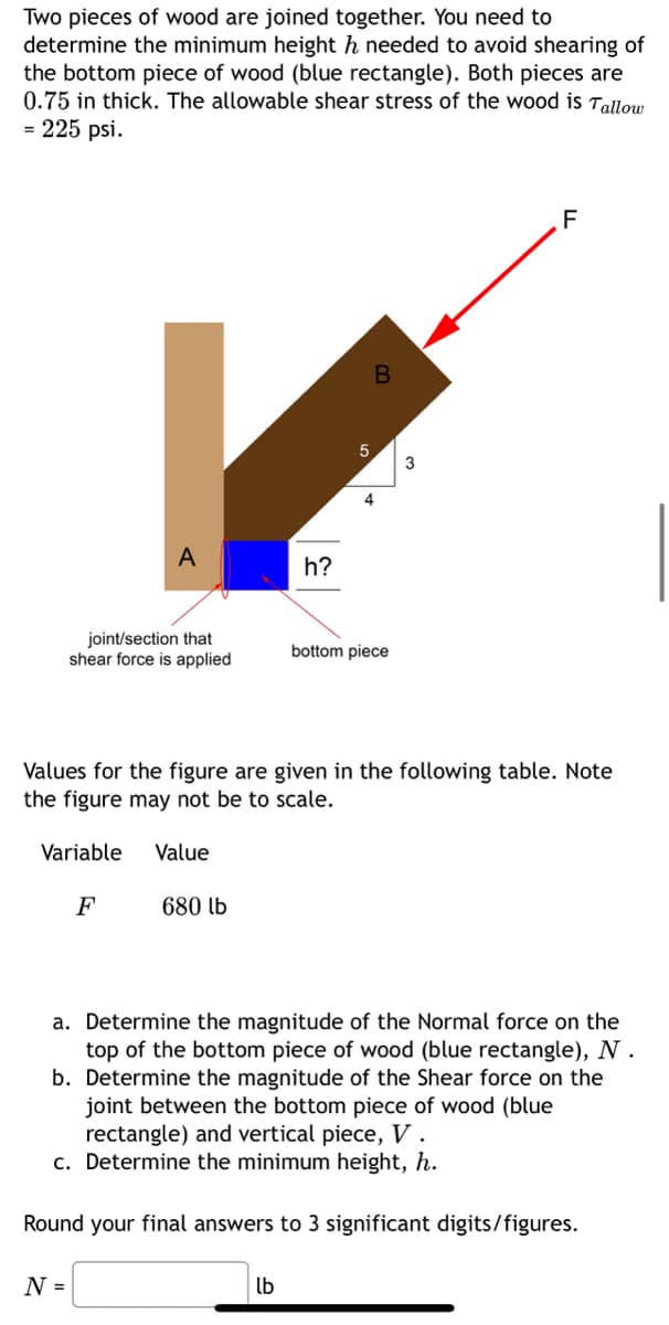 Two pieces of wood are joined together. You need to
determine the minimum height h needed to avoid shearing of
the bottom piece of wood (blue rectangle). Both pieces are
0.75 in thick. The allowable shear stress of the wood is Tallow
= 225 psi.
joint/section that
shear force is applied
Variable
A
F
N =
680 lb
h?
Values for the figure are given in the following table. Note
the figure may not be to scale.
Value
4
bottom piece
lb
3
F
a. Determine the magnitude of the Normal force on the
top of the bottom piece of wood (blue rectangle), N.
b. Determine the magnitude of the Shear force on the
joint between the bottom piece of wood (blue
rectangle) and vertical piece, V.
c. Determine the minimum height, h.
Round your final answers to 3 significant digits/figures.
