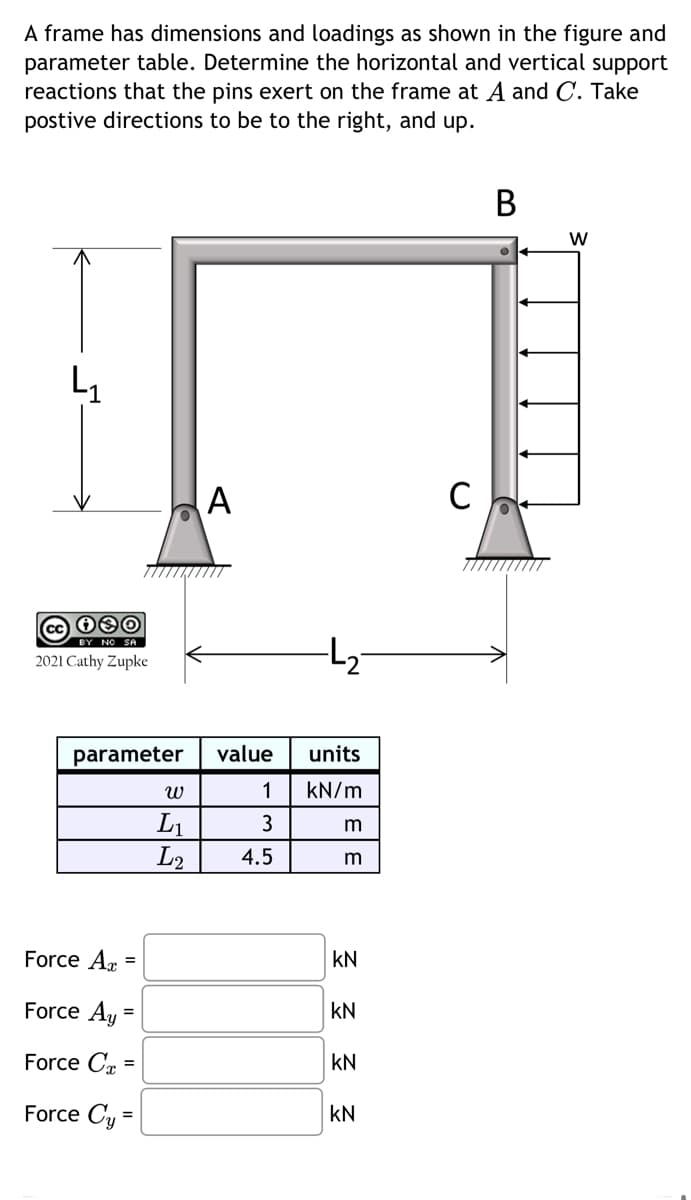 A frame has dimensions and loadings as shown in the figure and
parameter table. Determine the horizontal and vertical support
reactions that the pins exert on the frame at A and C. Take
postive directions to be to the right, and up.
080
BY NO SA
2021 Cathy Zupke
parameter
Force Ax
Force Ay=
Force Co =
Force Cy=
=
W
L₁
L2
A
value
1
3
4.5
-L₂-
units
kN/m
m
m
KN
KN
KN
KN
C
B
W