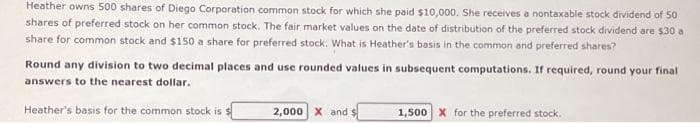 Heather owns 500 shares of Diego Corporation common stock for which she paid $10,000. She receives a nontaxable stock dividend of 50
shares of preferred stock on her common stock. The fair market values on the date of distribution of the preferred stock dividend are $30 a
share for common stock and $150 a share for preferred stock. What is Heather's basis in the common and preferred shares?
Round any division to two decimal places and use rounded values in subsequent computations. If required, round your final
answers to the nearest dollar.
Heather's basis for the common stock is $
2,000 X and $
1,500 X for the preferred stock.