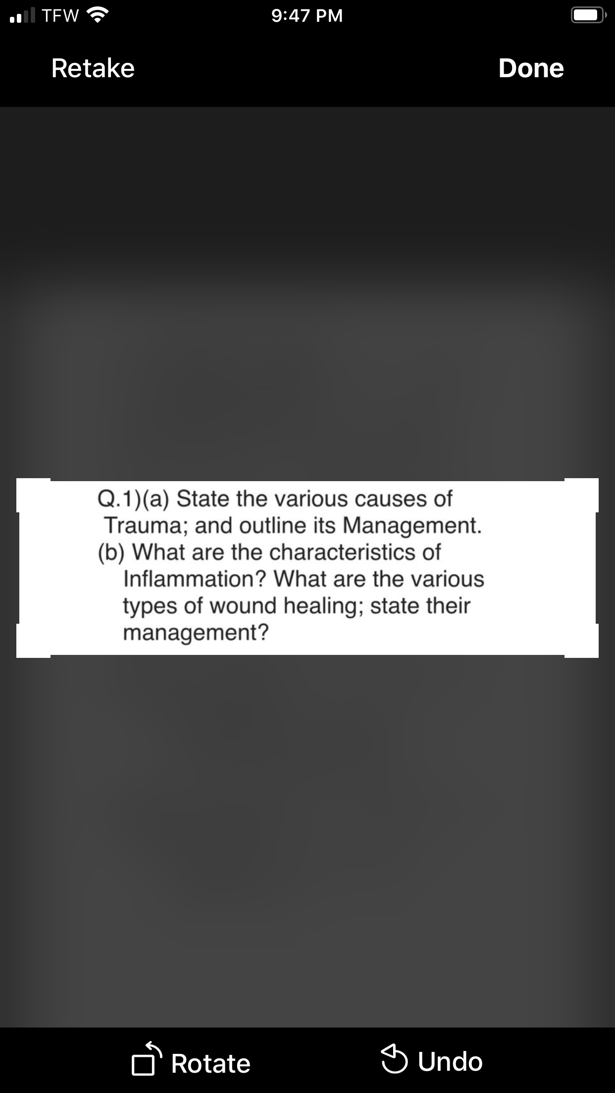 Q.1)(a) State the various causes of
Trauma; and outline its Management.
(b) What are the characteristics of
Inflammation? What are the various
types of wound healing; state their
management?
