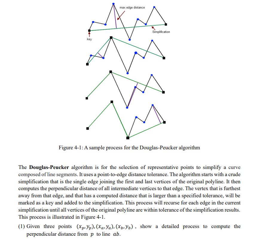 max edge distance
Simplification
key
Figure 4-1: A sample process for the Douglas-Peucker algorithm
The Douglas-Peucker algorithm is for the selection of representative points to simplify a curve
composed of line segments. It uses a point-to-edge distance tolerance. The algorithm starts with a crude
simplification that is the single edge joining the first and last vertices of the original polyline. It then
computes the perpendicular distance of all intermediate vertices to that edge. The vertex that is furthest
away from that edge, and that has a computed distance that is larger than a specified tolerance, will be
marked as a key and added to the simplification. This process will recurse for each edge in the current
simplification until all vertices of the original polyline are within tolerance of the simplification results.
This process is illustrated in Figure 4-1.
(1) Given three points (xp, Yp), (Xa, Ya), (Xp,Yb), show a detailed process to compute the
perpendicular distance from p to line ab.
