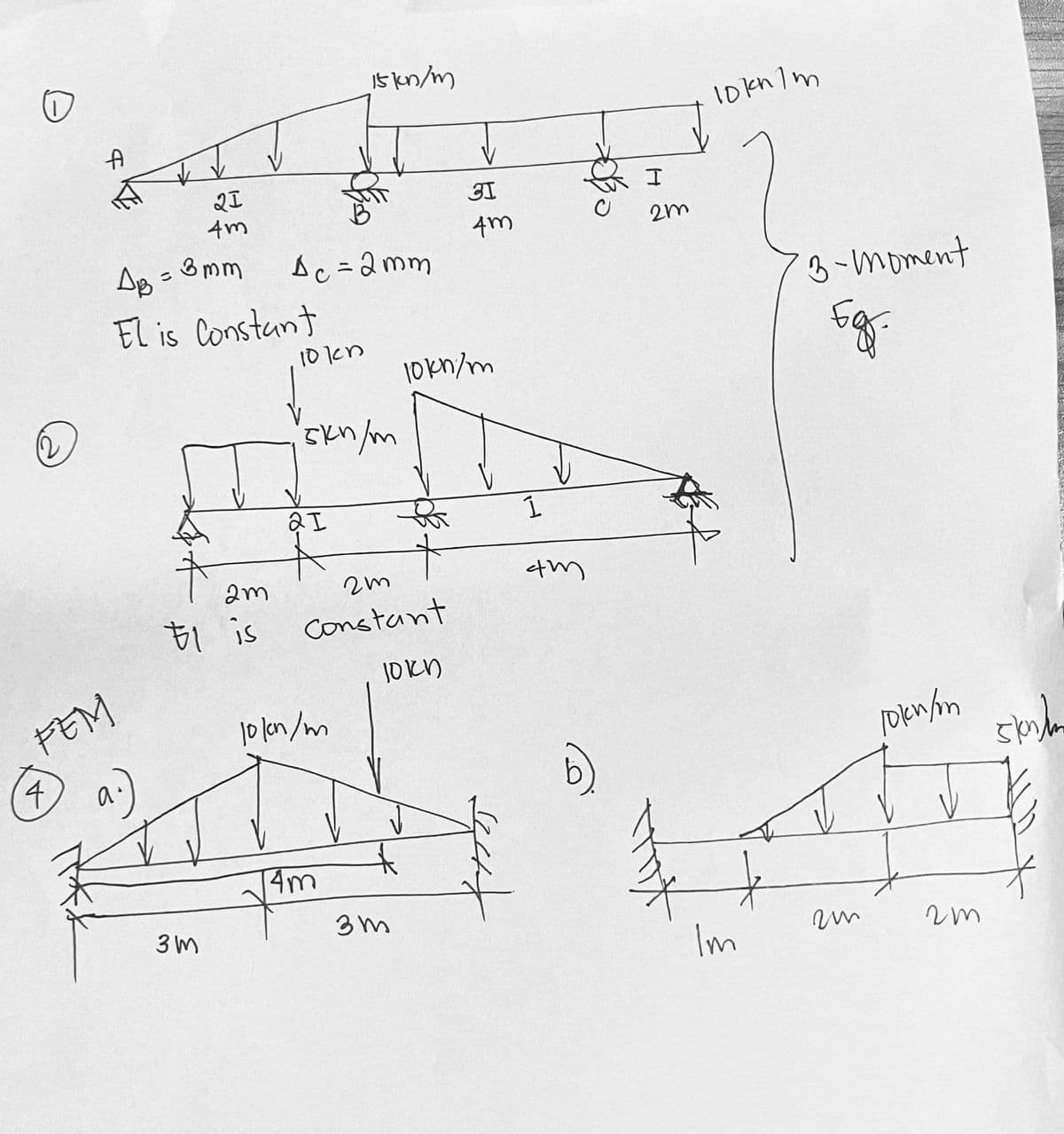 12
4
FEM
a.)
A
✓ ✓
15/05/m
21
4m
AB = 3mm
い
Dc=2mm
El is Constant
10kn
10kn/m
5kn/m
2m
El is
21
20
Constant
10kn
10/05/m
3M
4m
3m
I
31
4m
2m
I
4m
107473
3-moment
Eg
10kn/m
um
Im
2m