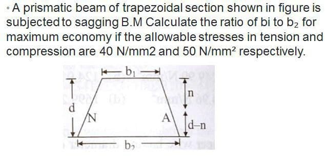 • A prismatic beam of trapezoidal section shown in figure is
subjected to sagging B.M Calculate the ratio of bi to b₂ for
maximum economy if the allowable stresses in tension and
compression are 40 N/mm2 and 50 N/mm² respectively.
b₁
T
d
b₂
A
n
d-n