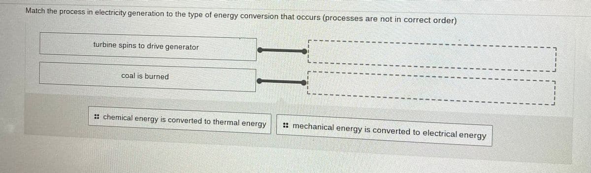 Match the process in electricity generation to the type of energy conversion that occurs (processes are not in correct order)
turbine spins to drive generator
coal is burned
[]
#chemical energy is converted to thermal energy
mechanical energy is converted to electrical energy
-
