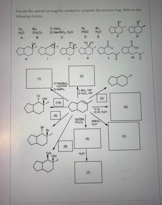 Provide the species or reagents needed to complete the reaction map. Refer to the
following choices.
OH
H₂
Bra
Cl₂
H₂O
A
Bra
CH₂Cl₂
B
1) 080₁
2) NaHSO₂, H₂O
с
Pd/C
H₂O
D
E
**&&
Bad
HO OH
da
H
K
M
(2)
(1)
1) BH,, THF
2) H₂O₂, OH-
CI
OH
Ga
Br
Br
-
OH
1) Hg(OAc)
H₂O/THF
2) NaBH,
(10)
(9)
OH
un
(8)
mCPBA
CH₂Cl₂
H₂O*
(6)
(7)
(3)
1) 0₂
2) Zn, H₂O
KMnO
H₂O*
(5)