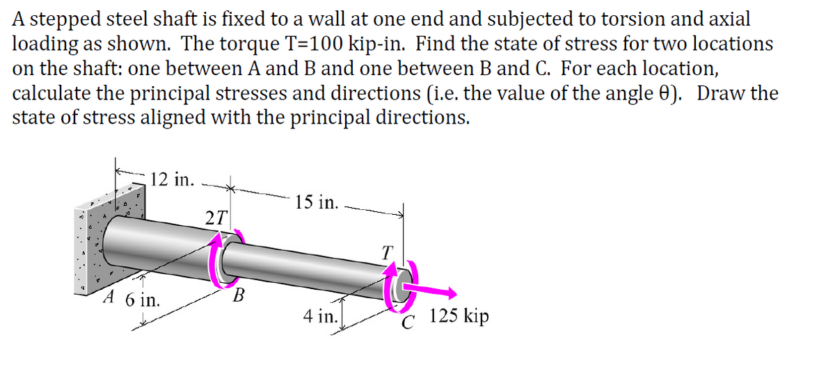 A stepped steel shaft is fixed to a wall at one end and subjected to torsion and axial
loading as shown. The torque T=100 kip-in. Find the state of stress for two locations
on the shaft: one between A and B and one between B and C. For each location,
calculate the principal stresses and directions (i.e. the value of the angle 0). Draw the
state of stress aligned with the principal directions.
12 in.
15 in.
2T
A 6 in.
B
4 in.
C
125 kip
