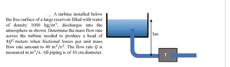 A turbine installed below
the free surface of a large reservoir filled with water
of density 1000 kg/m³, discharges into the
atmosphere as shown. Determine the mass flow rate
across the turbine needed to produce a head of
4Q? meters when frictional losses per unit mass
flow rate amount to 40 m²/s². The flow rate Q is
measured in m/s. All piping is of 10 cm diameter.
5m
T
