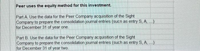 Peer uses the equity method for this investment.
Part A. Use the data for the Peer Company acquisition of the Sight
Company to prepare the consolidation journal entries (sucn as entry S, A, ...)
for December 31 of year one.
Part B. Use the data for the Peer Company acquisition of the Sight
Company to prepare the consolidation journal entries (such as entry S, A,...)
for December 31 of year two.
