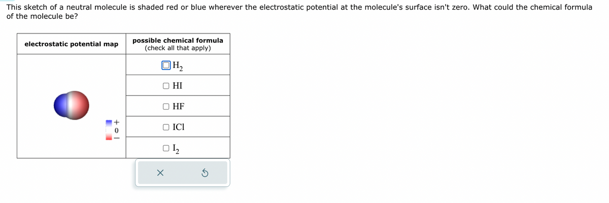 This sketch of a neutral molecule is shaded red or blue wherever the electrostatic potential at the molecule's surface isn't zero. What could the chemical formula
of the molecule be?
electrostatic potential map
possible chemical formula
(check all that apply)
H₂
HI
X
HF
ICI
1₂
Ś