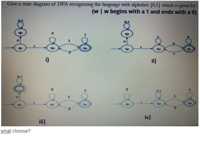 Give a state diagram of DFA recognizing the language with alphabet (0,1} which is given by
{w w begins with a 1 and ends with a 0}
q
what choose?
i)
iii)
q
q
0
1
iv)
ii)
q
Pal
1