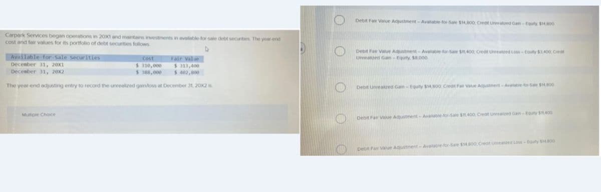 Debit Fair Value Adjustment-Avalable for-Sale $14800, Credt Unrealtzed Gan-Equty. S14,800
Carpark Services began operations in 20X1 and maintains investments in available for sale debt securites The year end
cost and fair values for its portfolio of debt securities follows
Debit Far Value Adjustment- Avalable-for-Sale S1,400, Creat Unreatred Loss-Equty $3,400, Ceat
Unrealzed Gain - Equty. S8.000
Available for-Sale Securities
December 31, 20X1
December 31, 20x2
Fair Value
$ 313,400
$ 402,800
Cost
$ 310,000
$ 388,000
The yeor-end odjusting entry to record the unrealized gaintoss at December 31, 20X2 is
Debit Unreaed Gan-Equity $14.800 Credit Far Value Acjustmert-Avatabie-for Sale $14s00
Mutiple Choice
Debit Far Value Adustment - Avalable-forSale S400, Creat Unrealzed Gan-Equity $1400
Debit Fair Vaue Adustment-Available-for-Sale $14.800 Creait Unreaszed LOss-Equty S14 s00
O O O
