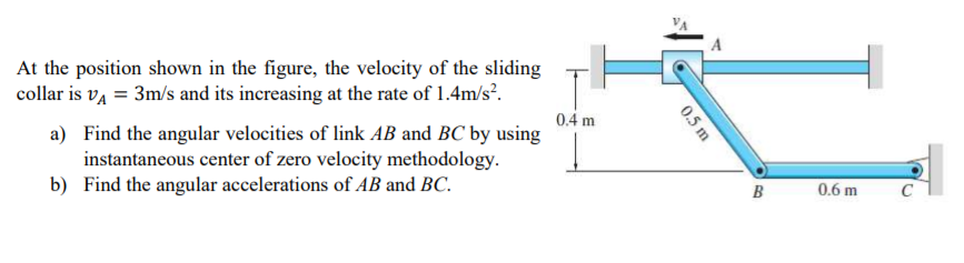 At the position shown in the figure, the velocity of the sliding
collar is va = 3m/s and its increasing at the rate of 1.4m/s?.
0.4 m
a) Find the angular velocities of link AB and BC by using
instantaneous center of zero velocity methodology.
b) Find the angular accelerations of AB and BC.
B
0.6 m
C
0.5 m
