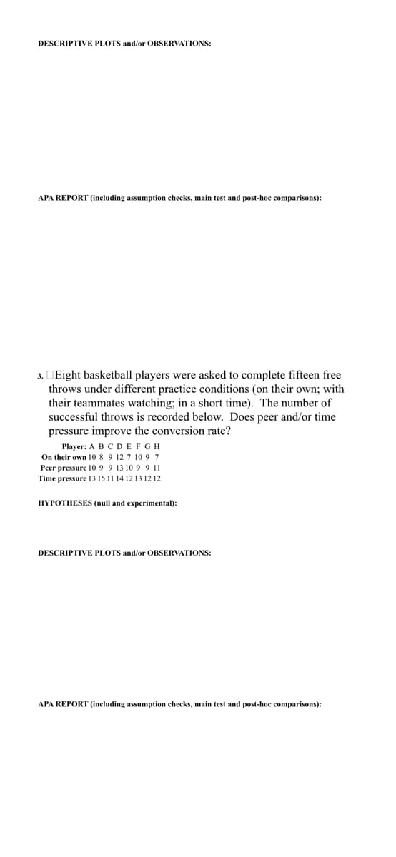 DESCRIPTIVE PLOTS and/or OBSERVATIONS:
APA REPORT (including assumption checks, main test and post-hoc comparisons):
3. Eight basketball players were asked to complete fifteen free
throws under different practice conditions (on their own; with
their teammates watching; in a short time). The number of
successful throws is recorded below. Does peer and/or time
pressure improve the conversion rate?
Player: ABCDEFGH
On their own 10 8 9 12 7 10 9 7
Peer pressure 10 9 9 13 10 9 9 11
Time pressure 13 15 11 14 12 13 12 12
HYPOTHESES (null and experimental):
DESCRIPTIVE PLOTS and/or OBSERVATIONS:
APA REPORT (including assumption checks, main test and post-hoc comparisons):