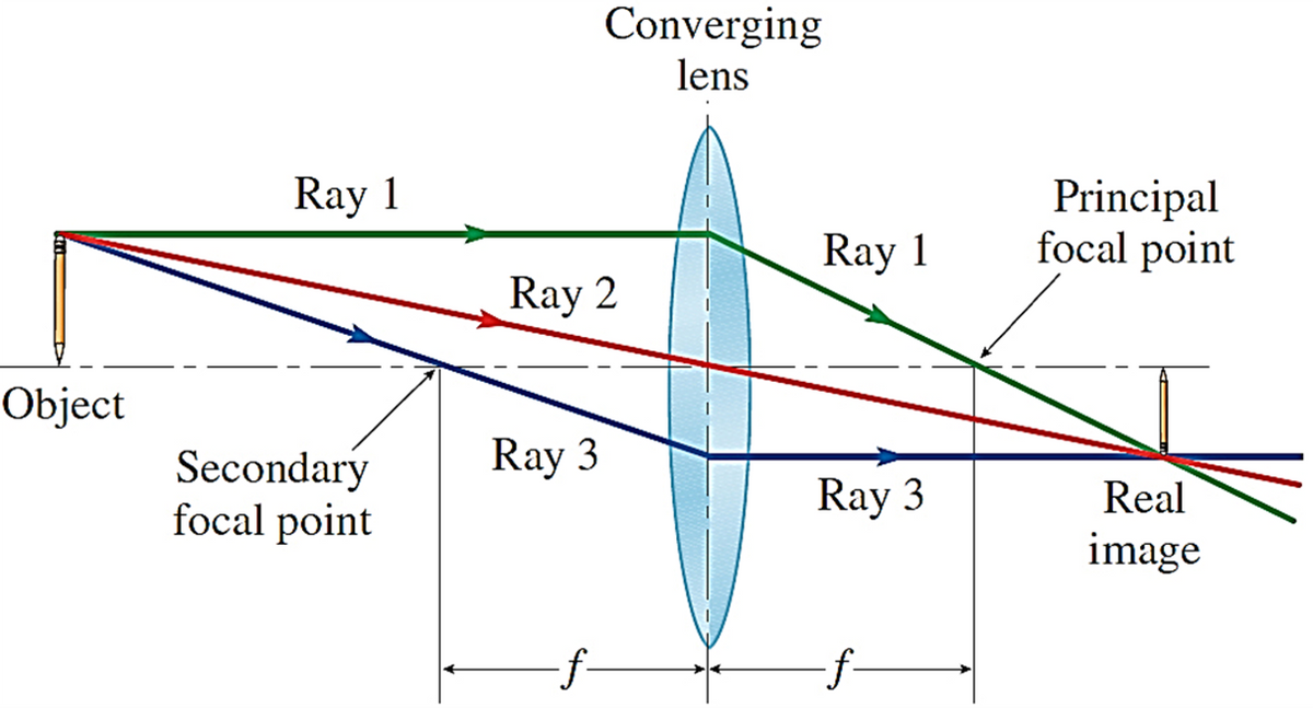 Converging
lens
Ray 1
Principal
focal point
Ray 1
Ray 2
Object
Ray 3
Secondary
focal point
Ray 3
Real
image
-f-
-f-
