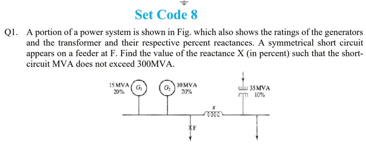 Set Code 8
Q1. A portion of a power system is shown in Fig. which also shows the ratings of the generators
and the transformer and their respective percent reactances. A symmetrical short circuit
appears on a feeder at F. Find the value of the reactance X (in percent) such that the short-
circuit MVA does not exceed 300MVA.
15 MVA
10MVA
G2
20%
G
uw 35 MVA
mm 10%
20%
ell
XF
