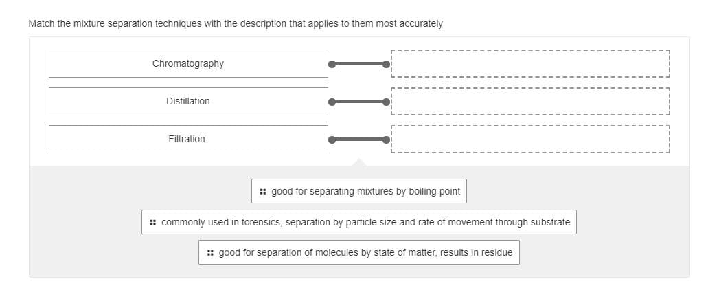 Match the mixture separation techniques with the description that applies to them most accurately
Chromatography
Distillation
Filtration
: good for separating mixtures by boiling point
:: commonly used in forensics, separation by particle size and rate of movement through substrate
: good for separation of molecules by state of matter, results in residue
