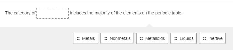The category of
includes the majority of the elements on the periodic table.
:: Metals
: Nonmetals
:: Metalloids
: Liquids
:: Inertive
