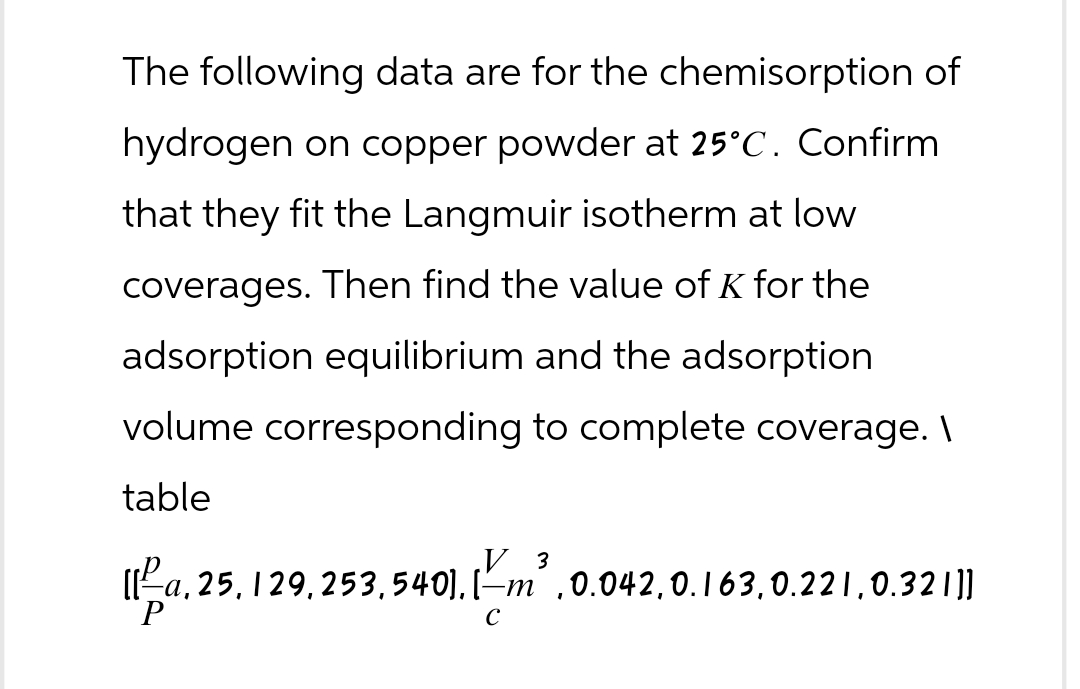 The following data are for the chemisorption of
hydrogen on copper powder at 25°C. Confirm
that they fit the Langmuir isotherm at low
coverages. Then find the value of K for the
adsorption equilibrium and the adsorption
volume corresponding to complete coverage. \
table
V 3
[la, 25, 129,253, 540],[m², 0.042, 0.163,0.221,0.32|]]
с