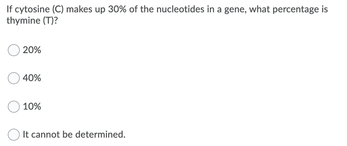 If cytosine (C) makes up 30% of the nucleotides in a gene, what percentage is
thymine (T)?
20%
40%
10%
It cannot be determined.

